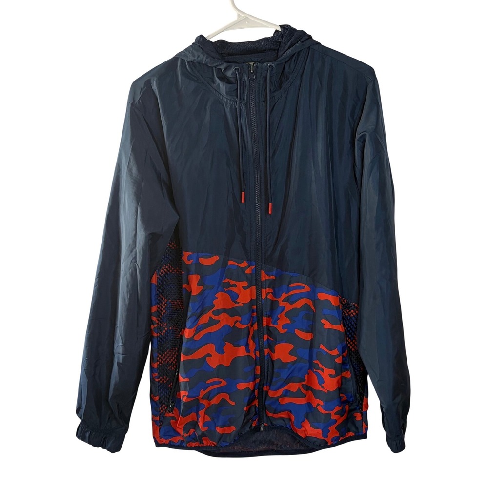 Russell Athletic Mens Navy Blue Red‎ Camo Hooded Windbreaker Jacket Small Zip